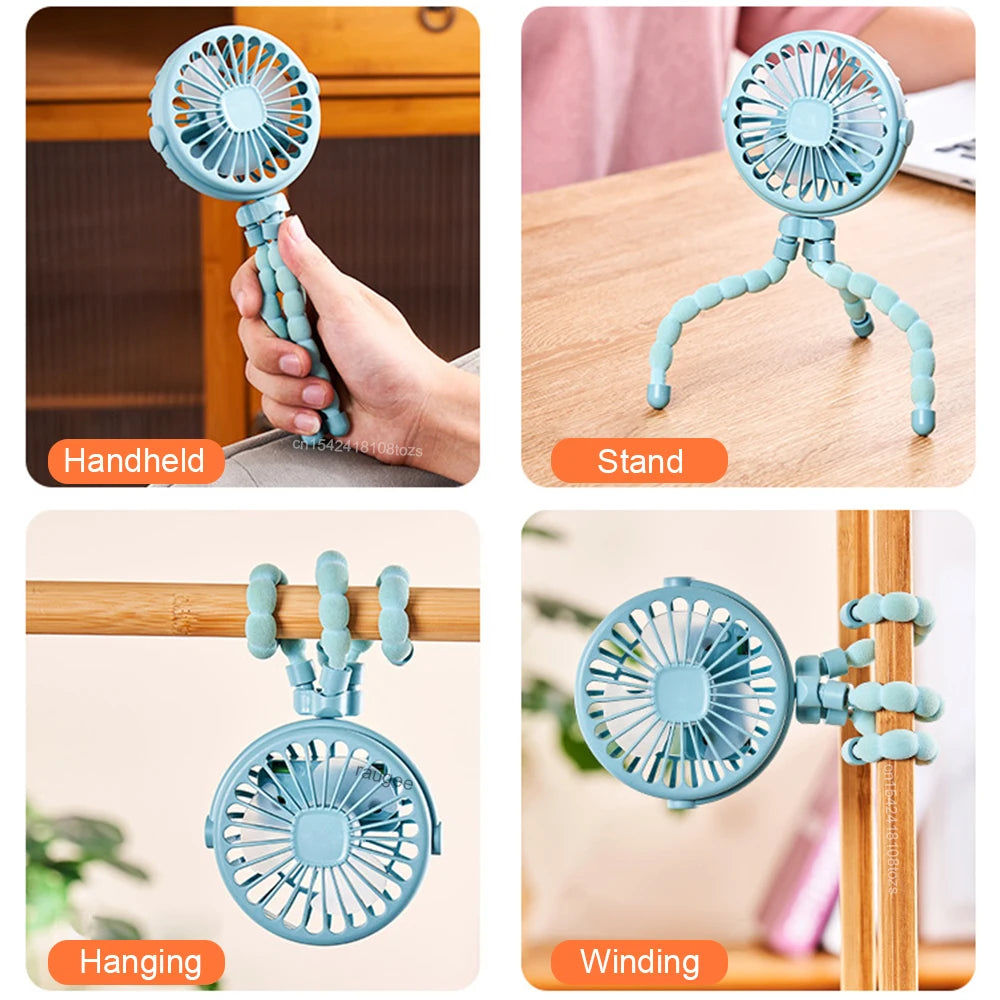 Stroller Fan Mini Portable Handheld Fan USB Rechargeable Baby Stroller Clip Fan 360° Rotate Mini Desk Fan with Flexible Tripod