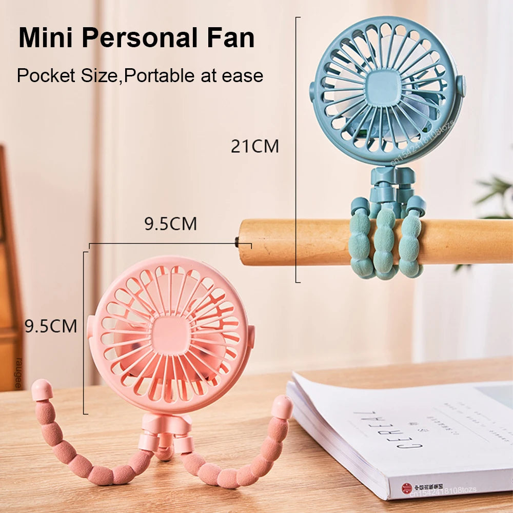 Stroller Fan Mini Portable Handheld Fan USB Rechargeable Baby Stroller Clip Fan 360° Rotate Mini Desk Fan with Flexible Tripod